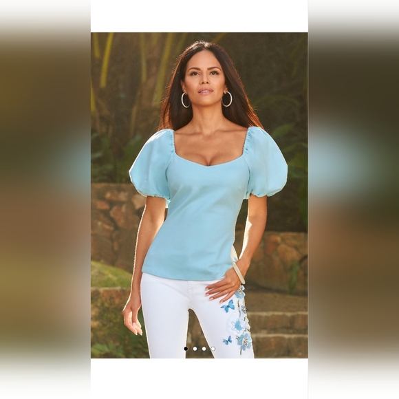 NWOT! Chic Boston Proper Sweetheart Women's Light Blue Puff Sleeve Top Medium - Picture 10 of 15